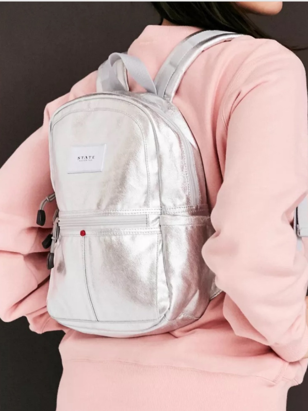 STATE Bags Mini Kane Backpack in metallic silver states inside